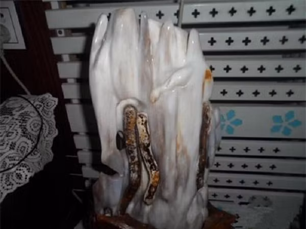 Sau khi đem về nhà và kiểm tra kỹ hơn, anh thấy gỗ hơi cứng và có tiếng kêu giòn khi gõ vào. Cảm thấy nó có thể được làm bằng ngọc bích, anh đã chụp ảnh đăng lên mạng hỏi ý kiến của mọi người. Nhiều người đều cho rằng đây chắc chắn là một món bảo vật quý hiếm.