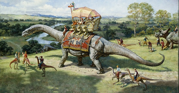 Đã có vô số các tác phẩm nghệ thuật ở nhiều thời kỳ khác nhau đã khắc hoạ mối liên hệ giữa loài người và những động vật bò sát khổng lồ. Một trong những tác phẩm ấn tượng ấy là một phần trên tấm khảm Museo Nazionale Prenestino ở Rome.