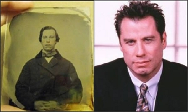 Bên trái là người đàn ông, thành viên của Giáo Hội “xuất hiện” trong hình ảnh cổ được một nhà sưu tập ở Ontario, Canada phát hiện. Bức ảnh chụp cách đây 150 năm, và nó đang được bán trên eBay với giá 50.000 đô la (khoảng 1,1 tỉ đồng). Bên phải là diễn viên John Travolta và điều lạ lùng là họ giống nhau đến “không thể lí giải được”.