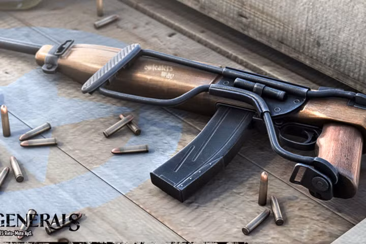 Súng carbine phiên bản M1A1 của bộ binh Mỹ trước đây. Súng có báng gập được và hộp đạn 15 viên.