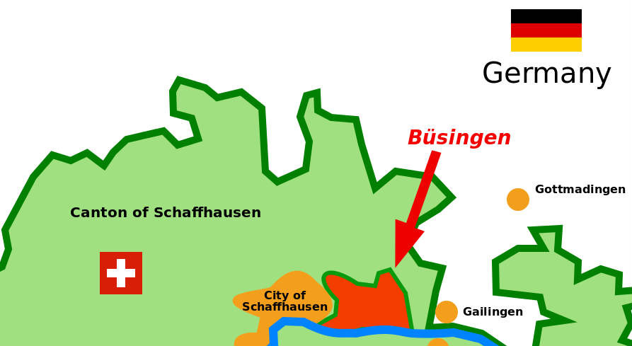 Thị trấn Büsingen am Hochrhein (Đức) nằm hoàn toàn trong lãnh thổ Thụy Sĩ. Ảnh: FS. 