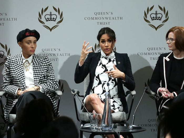 Công nương Meghan Markle phát biểu tại một hội thảo cho ngày Quốc tế Phụ nữ 8/3 tại Đại học King ở London, Anh.