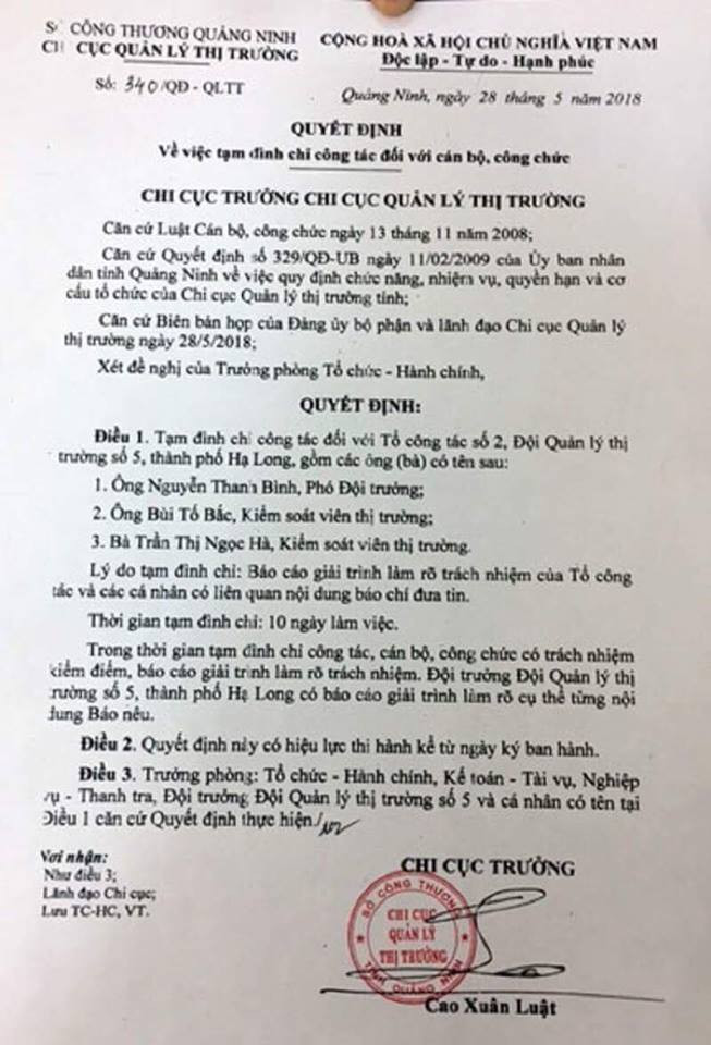 Quyết định tạm đình chỉ công tác với 3 cán bộ Chi cục QLTT Quảng Ninh.