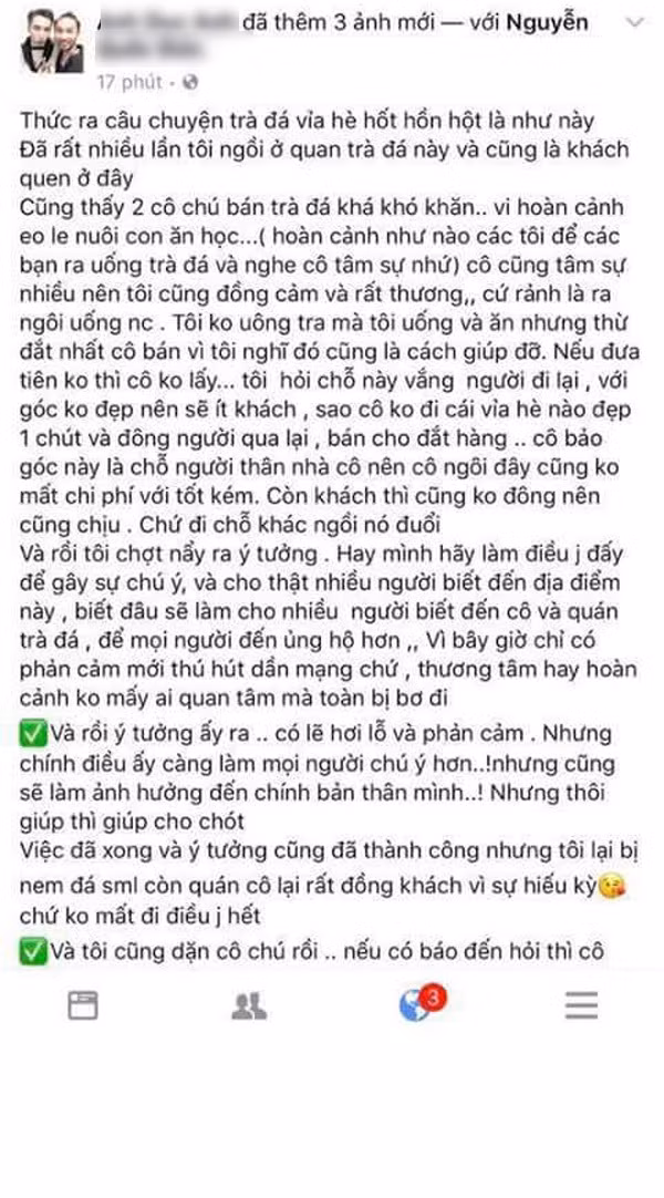 Trước làn sóng phẫn nộ của cộng đồng mạng và dư luận, A.D.A - người được cho là đứng đằng sau toàn bộ việc dàn dựng, tung clip trà đá nước rửa chân lên mạng đã lên tiếng. Nhưng những gì mà A.D.A chia sẻ trong status mới nhất của mình chỉ càng làm làn sóng phản ứng thêm gay gắt. A.D.A cho biết: "Thực ra câu chuyện trà đá vỉa hè là như này: Cũng thấy 2 cô chú bán trà đá khá khó khăn vì hoàn cảnh nuôi con ăn học tôi chợt nghĩ ra ý tưởng hay mình làm gì đấy để gây sự chú ý và cho thật nhiều người biết đến địa điểm này, biết đâu sẽ làm nhiều người biết đến cô và quán trà đá...".