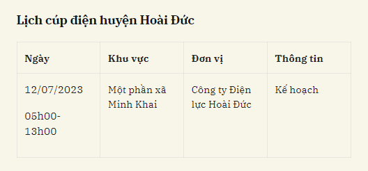 Tùy theo tình hình thời tiết và kế hoạch thay đổi nên lịch cắt điện Hà Nội hôm nay có thể được điều chỉnh hoãn ở một số nơi. Quý độc giả có thể theo dõi lịch cúp điện thường xuyên trên kienthuc.net để nắm bắt kịp thời, chủ động sắp xếp lịch sinh hoạt và sản xuất phù hợp nhất. 