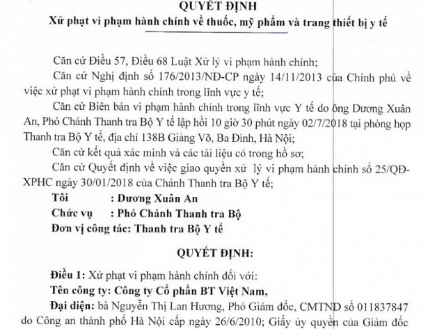 Thanh tra Bộ Y tế quyết định xử phạt công ty BT 30 triệu đồng