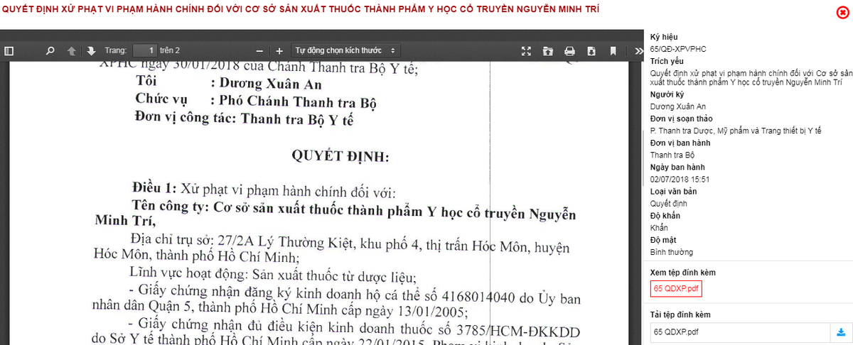Quyết định xử phạt cơ sở Nguyễn Minh Trí