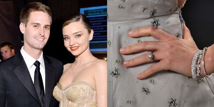 Siêu mẫu Miranda Kerr cũng sở hữu chiếc nhẫn kim cương tuyệt đẹp 2.5 carat được chàng tỷ phú Evan Spiegel, nhà sáng lập và CEO của ứng dụng nổi tiếng Snapchat đặt riêng dành cho cô.