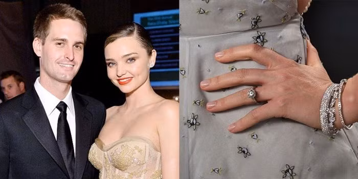 Siêu mẫu Miranda Kerr cũng sở hữu chiếc nhẫn kim cương tuyệt đẹp 2.5 carat được chàng tỷ phú Evan Spiegel, nhà sáng lập và CEO của ứng dụng nổi tiếng Snapchat đặt riêng dành cho cô.