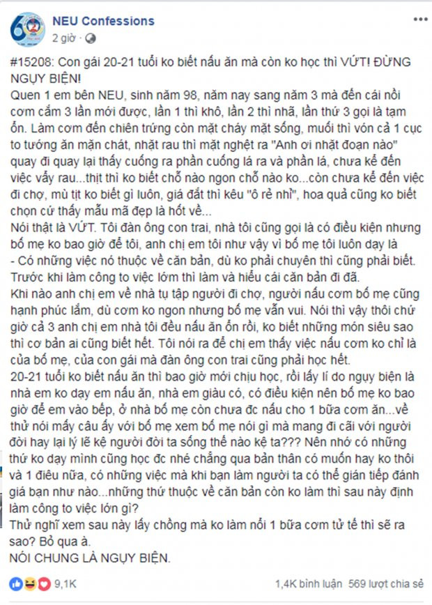 Dòng chia sẻ của một bạn trai trên fanpage NEU Confession
