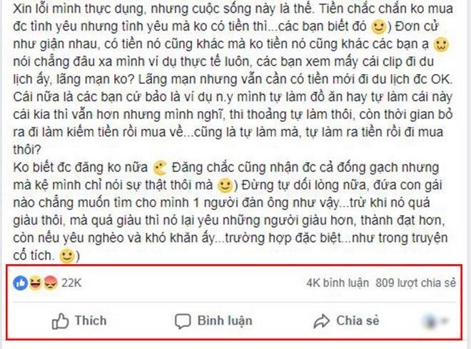 Tâm sự của cô gái hiện đã thu hút hơn 22 nghìn lượt thích, hơn 800 lượt chia sẻ và hàng nghìn bình luận.