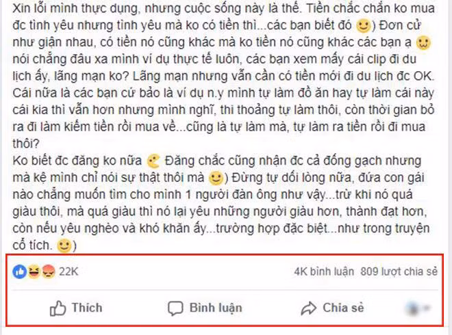 Tâm sự của cô gái hiện đã thu hút hơn 22 nghìn lượt thích, hơn 800 lượt chia sẻ và hàng nghìn bình luận.