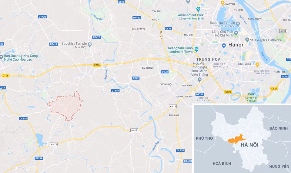Xã Cấn Hữu (khoanh đỏ) thuộc huyện Quốc Oai, nơi có tỉnh lộ bị ngập. Ảnh: Google Maps.
