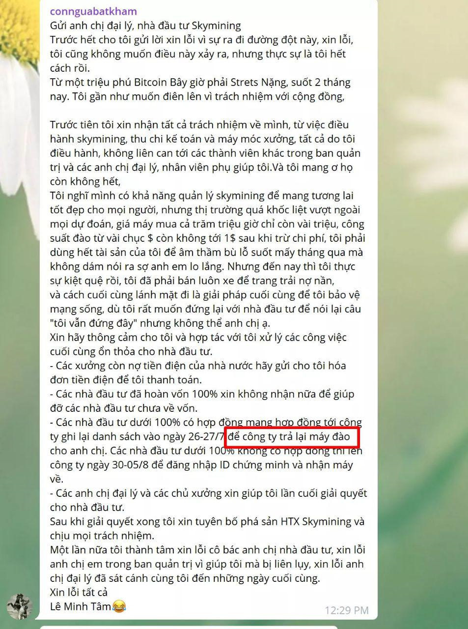 Tâm thư của Giám đốc Lê Minh Tâm khi cắt đứt liên lạc với mọi nhà đầu tư. Ảnh: Zing.