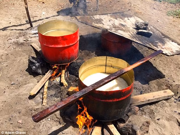 Mỡ của cá voi được lọc và đun trong những chiếc thùng kim loại. Sau khi đun chảy, mỡ của cá voi sẽ được dùng để chế thành dầu đốt, xà phòng và bơ. (Nguồn Dailymail)