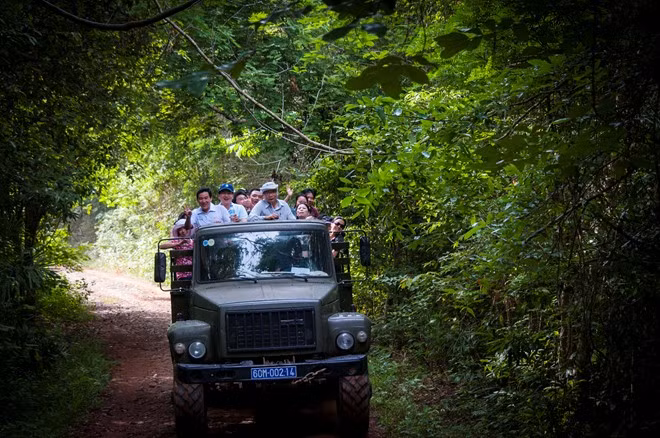 Xe chuyên dụng chở chúng tôi tham quan các điểm trong rừng Nam Cát Tiên. Một điều đặc biệt là thỉnh thoảng các bác tài phải dừng lại để dọn quang cây cối trên đường đi, tránh gây tổn thương cho những người đi trên xe. Xe cũng thường thắng gấp để chúng tôi nhìn rõ con kỳ đà nằm phơi nắng trên đường, hay con gà rừng lấp ló trong bụi cây.