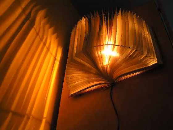 Người ta cũng có thể tạo ra một chiếc đèn ngủ cực độc và dịu mắt từ một cuốn sách bỏ đi như thế này. Nên chú ý chọn loại bóng đèn LED vì bóng đèn sợ đốt thông thường phát ra nhiều lượng quá lớn có thể dẫn đến cháy.