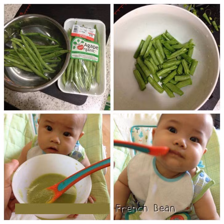 Đậu que trộn sữa bột: Cắt nhỏ đậu que sau đó hấp cách thủy khoảng 15 phút cho chín rồi xay nhuyễn cùng sữa bột. Chú ý điều chỉnh lượng sữa bột để có độ đặc hoặc loãng mong muốn.