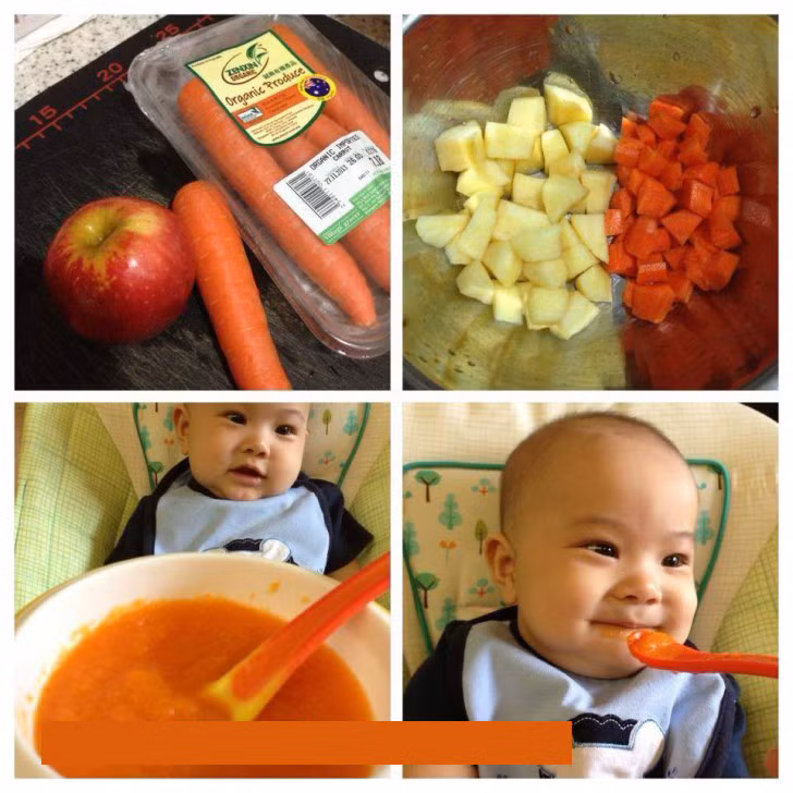 Ở tháng thứ 7, bé có thể sử dụng nhiều loại thực phẩm kết hợp với nhau trong cùng một món. Ví dụ như táo và cà rốt luộc chín sau đó xay nhuyễn, sử dụng sữa bột để điều chỉnh độ đặc loãng của hỗn hợp này.