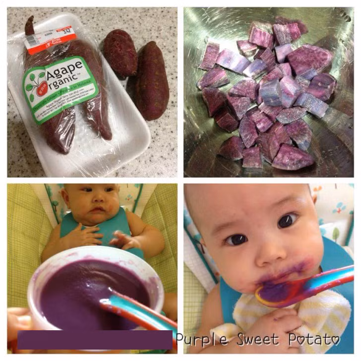 Khoai lang tím: Cách thức chế biến cũng là hấp cách thủy và xay nhuyễn rồi trộn với sữa bột cho bé.