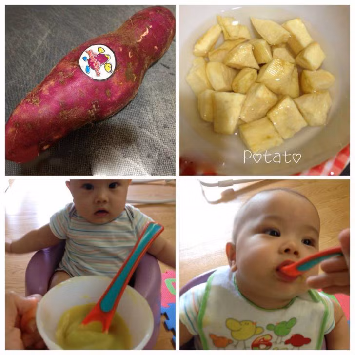 Khoai lang nghiền trộn sữa bột: Thái miếng khoai lang sau đó làm chín bằng phương pháp hấp cách thủy trong 15 phút rồi nghiền nhuyễn trộn cùng với sữa. Khoai lang được coi là một loại siêu thực phẩm cực kỳ bổ dưỡng đối với cả người lớn lẫn trẻ em.