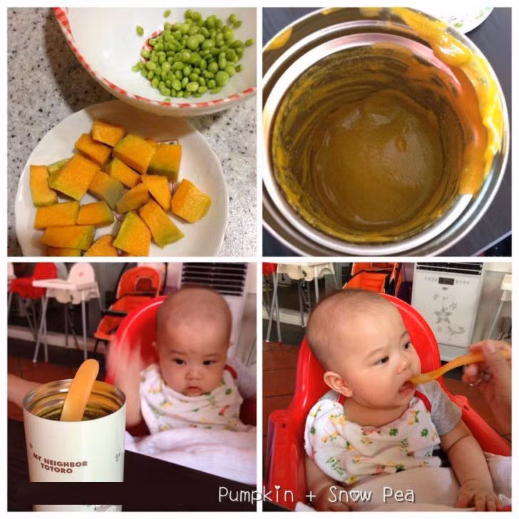 Ngoài ra đậu Hà Lan cũng có thể dùng chung với bí đỏ: Hấp chín cả 2 hỗn hợp này sau đó xay nhuyễn cùng nhau và cho thêm nhiều sữa đến khi đạt độ loãng mong muốn.