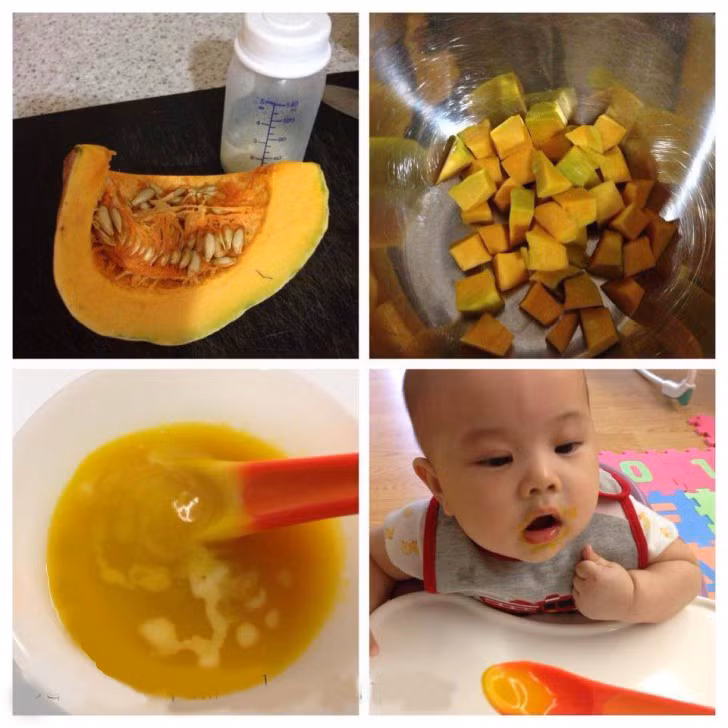 Bí đỏ: Thái bí đỏ vuông miếng sau đó làm chín bằng cách hấp cách thủy rồi nghiền nhuyễn trộn cùng sữa bột cho bé thưởng thức.