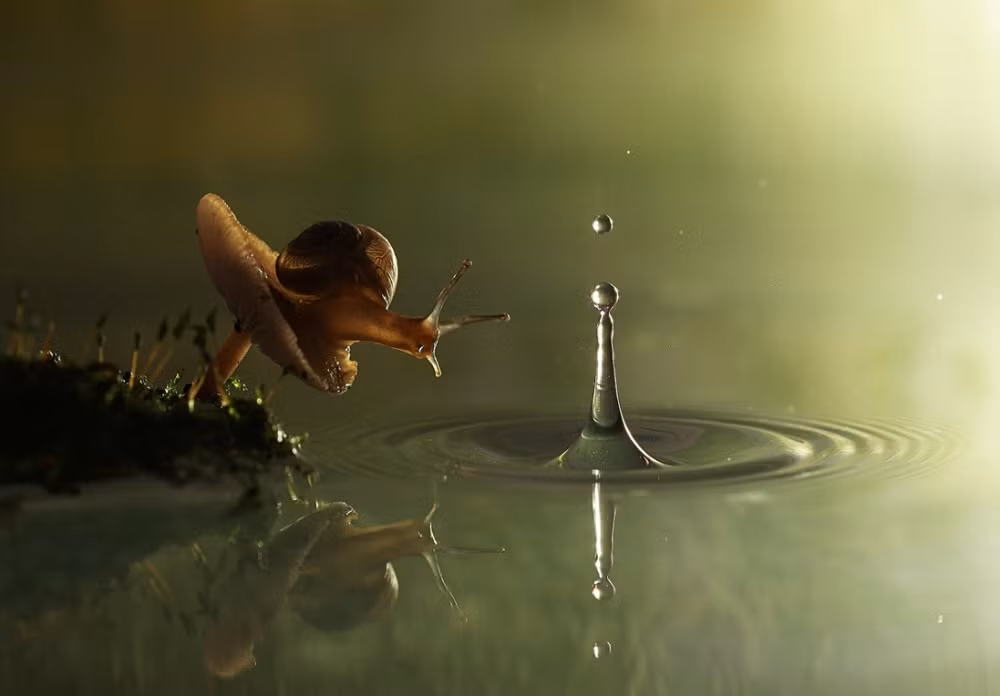 Một chú ốc sên cưỡi trên đầu một cây nấm đang chơi đùa với giọt nước.