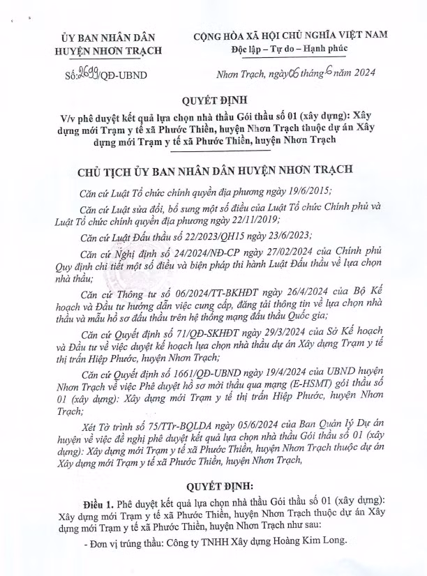 Dong Nai: Cty Hoang Kim Long trung goi thau xay moi TYT Phuoc Thien