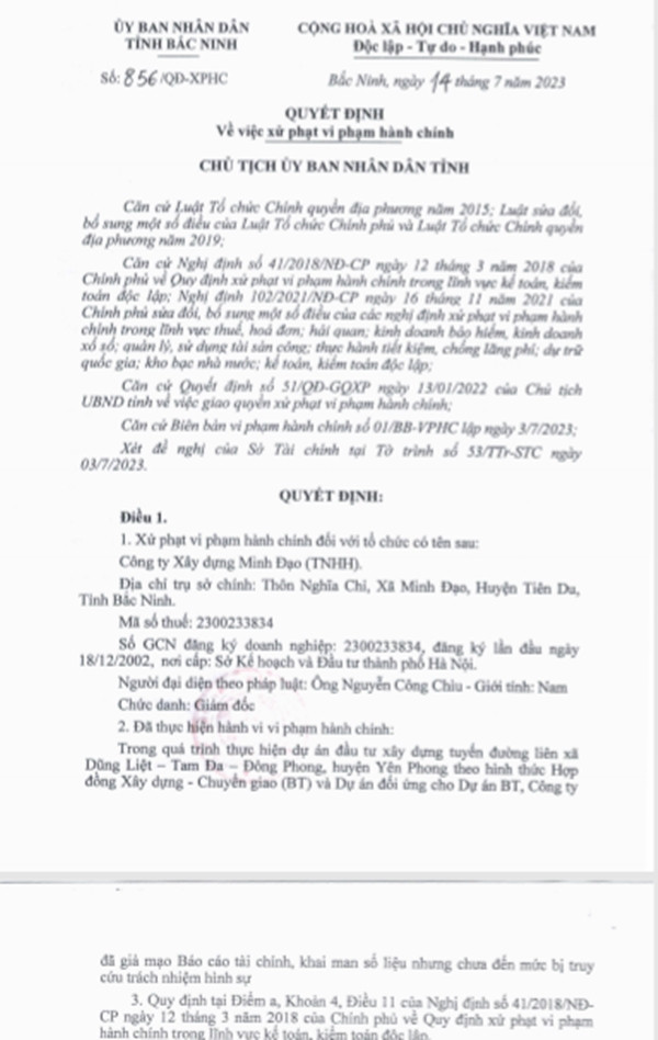 Hồ sơ công ty xây dựng Minh Đạo giả mạo báo cáo tài chính, khai man số liệu Ho so cong ty xay dung Minh Dao gia mao bao cao tai chinh, khai man so lieu