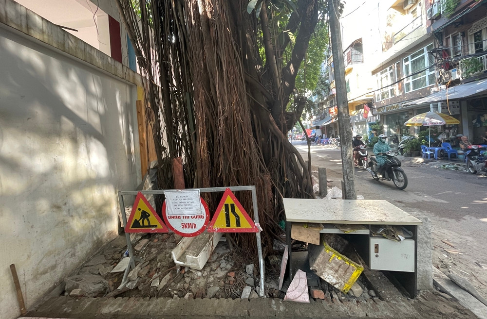 Một số đoạn vỉa hè ngõ Trung Tiền có cây xanh mọc giữa, sau khi cọc bê tông dựng lên đã gây cản trở cho người đi bộ.