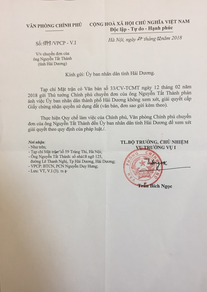 Văn bản của Văn phòng Chính phủ gửi UBND tỉnh Hải Dương.