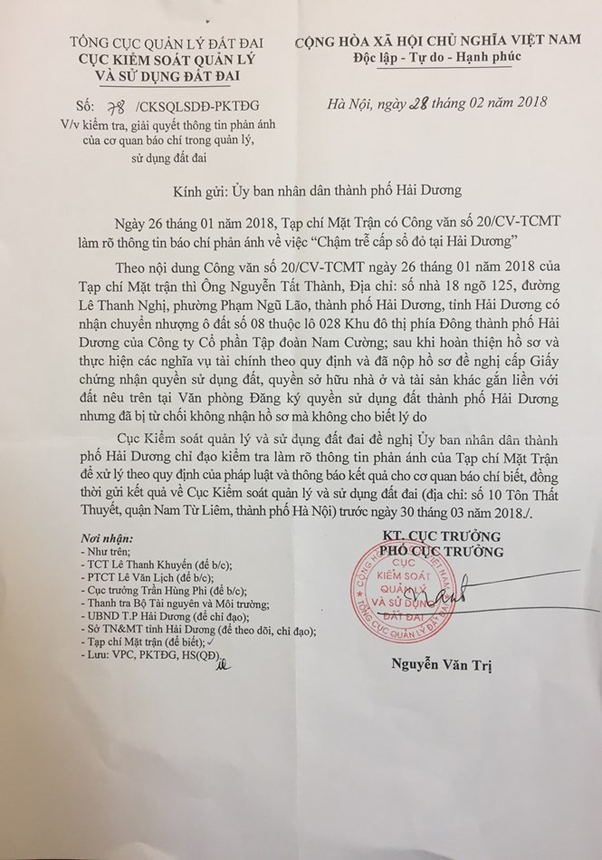 Văn bản của Cục Kiểm soát quản lý và sử dụng đất đai, Tổng cục Quản lý đất đai gửi UBND tỉnh Hải Dương.