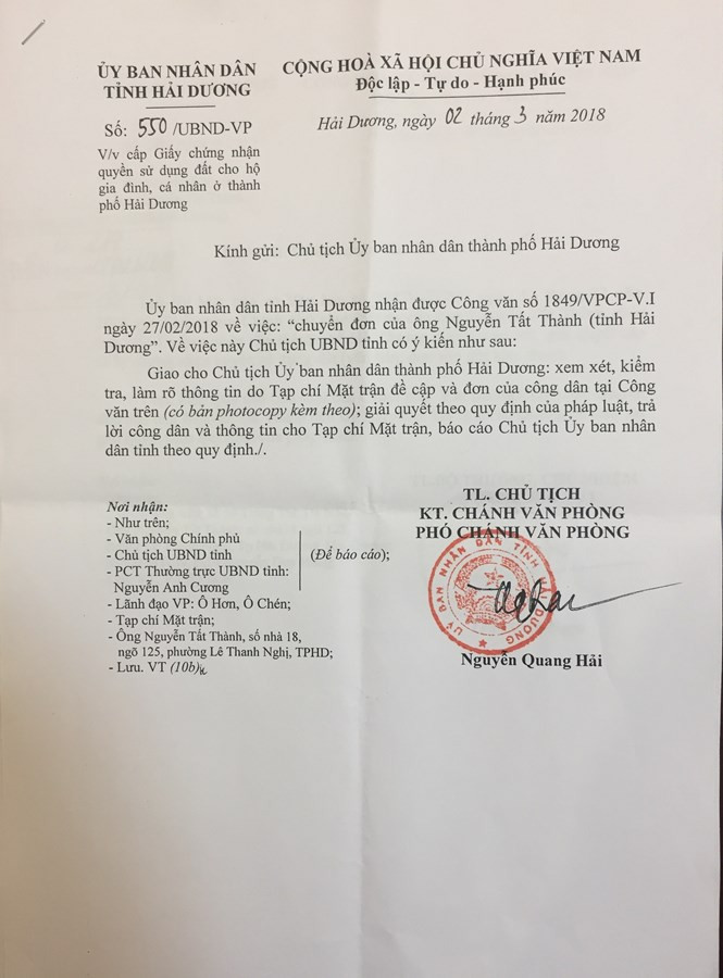 Sau khi tiếp nhận thông tin, UBND tỉnh Hải Dương “đá quả bóng” trách nhiệm cho UBND thành phố Hải Dương báo cáo, trả lời.