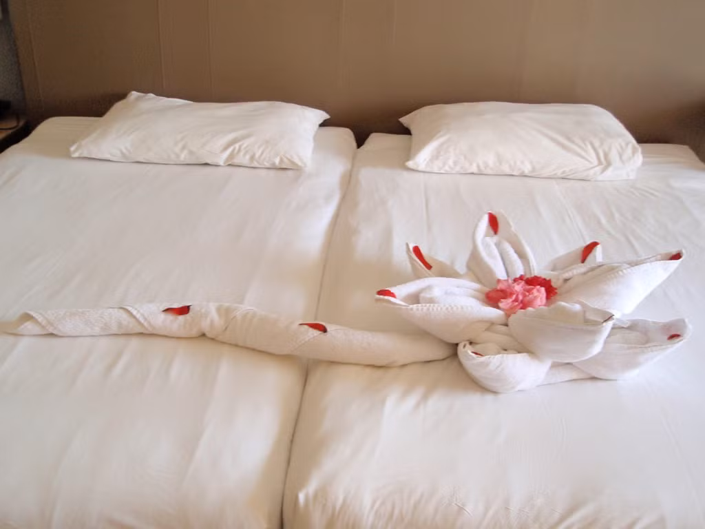 Khăn tắm gấp một cách “nghệ thuật”: Đây là một trong những dịch vụ khách sạn làm du khách chán ghét. Rất nhiều khách sạn gấp khăn tắm, đặt trên giường thành những hình dạng độc đáo như hình quạt, tam giác cân, có nơi còn cầu kỳ hơn khi xếp thành hình thiên nga, chó... thay vì treo chúng trong phòng tắm. Không thể xác định được nơi nào bắt đầu “trào lưu” này, tuy nhiên những chiếc khăn nên được đặt tại nơi mà nó thường xuyên được sử dụng, đó là nhà tắm. Ảnh: Hotel Aquamarine Hurghada. 