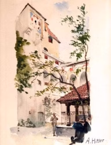 Sau khi bị Học viện Mỹ thuật Vienna từ chối 2 lần, Hitler được một người hướng dẫn trong trường khuyên nên theo đuổi kiến trúc nhưng do không muốn bị gò bó trong trường học nên Hitler đã từ chối lời gợi ý này. Bức tranh trên là tác phẩm "Họa sĩ bên giếng nước cổ trong thị trấn" được Hitler vẽ trong khoảng từ năm 1910 - 1912.