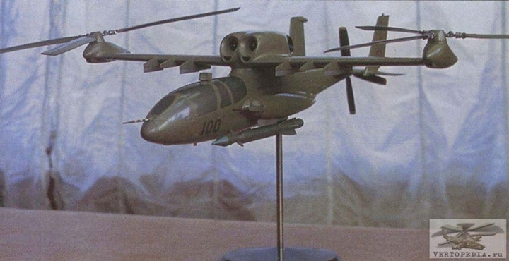Kamov V-100 là mẫu máy bay lai giữa trực thăng và máy bay cánh cố định do công ty Kamov, Nga thiết kế vào những năm 1980. V-100 có thể mang tên lửa không đối đất và pháo 23 mm. Dự án đã không được quân đội Liên Xô chấp nhận do tính rủi ro trong thiết kế quá cao. (Ảnh: Yertopedia).