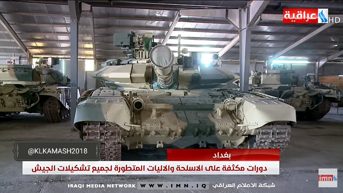 Xét trên nhiều góc độ xe tăng T-90S của Iraq khá giống với biến thể mà Ấn Độ từng mua của Nga trước đây, theo đo cả hai mẫu T-90S này đều không được trang bị hệ thống phòng vệ chủ động Shtora-1. Nguồn ảnh: IMN.