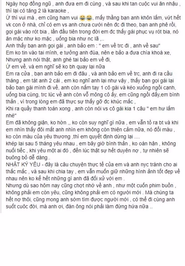 Điều này khác xa hoàn toàn với những gì cô nói về bạn trai của mình trước đây. Thậm chí, người yêu cũ của cô nàng còn không tặng quà gì vào những ngày lễ, ấy vậy mà đi mua điện thoại tặng cho người yêu cũ. Theo lời kể của cô, anh chàng này còn ngang nhiên ôm 'gái gọi' trước mặt cô và đuổi cô về nhà khi đi hát karaoke với bạn.