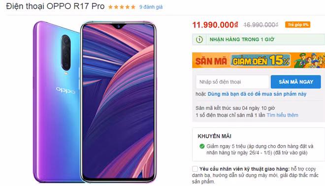 6. Oppo R17 Pro giảm 05 triệu đồng Giá bán: 11,99 triệu đồng Cùng có cụm 3 camera sau và khả năng chụp ảnh bất chấp mọi điều kiện ánh sáng, thiết kế tuyệt đẹp như Mate 20 Pro, Oppo R17 Pro cũng đang bị bỏ rơi và hạ giá thê thảm. Lý do đơn giản là thiết bị chỉ có cấu hình cận cao cấp nhưng lại có giá bán quá cao (chỉ dùng chip Kirin 710, pin 3700 mAh).