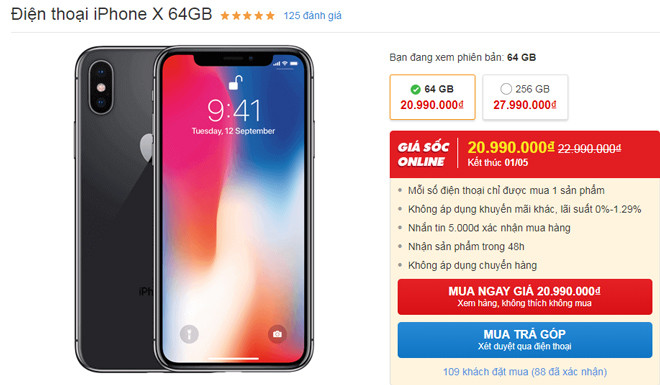 3. iPhone X 64GB giảm 02 triệu đồng Giá bán từ: 20,99 triệu đồng Đã ra mắt được gần 2 năm nhưng iPhone X vẫn chưa hề hết “hot” và càng được nhiều người săn đón vì là thế hệ iPhone đầu tiên sở hữu ngoại hình cách tân. Thêm vào đó, kích thước màn hình 5,8 inch được đánh giá là vừa đủ cho mọi tác vụ, không quá lớn như iPhone Xs Max hay iPhone Xr năm 2018.