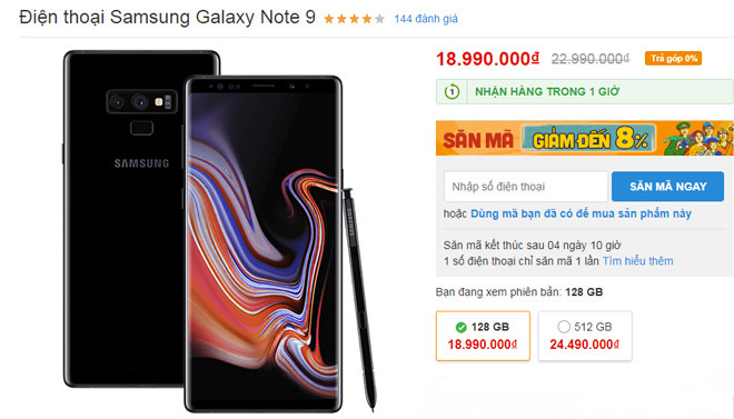 4. Galaxy Note 9 giảm 04 triệu đồng Giá bán từ: 18,99 triệu đồng Sở hữu mức giá ngang với Galaxy S10, Galaxy Note 9 bản 128GB chắc chắn sẽ khiến nhiều người dùng đắn đo khi chọn lựa. Ngoài kém hơn về chip xử lý và thiết kế màn hình “lỗ khuyên” kiểu mới, chiếc Galaxy Note này cũng không hề thua kém thế hệ Galaxy S mới. Điện thoại có hiệu năng mạnh mẽ, pin lớn, màn hình to, và đặc biệt còn có sự trợ giúp của bút S Pen vô cùng tiện ích. Hiện phiên bản Galaxy Note 8 (bản 64GB) cũng đang ghi nhận mức giảm 03 triệu đồng, chỉ còn 11,99 triệu đồng.