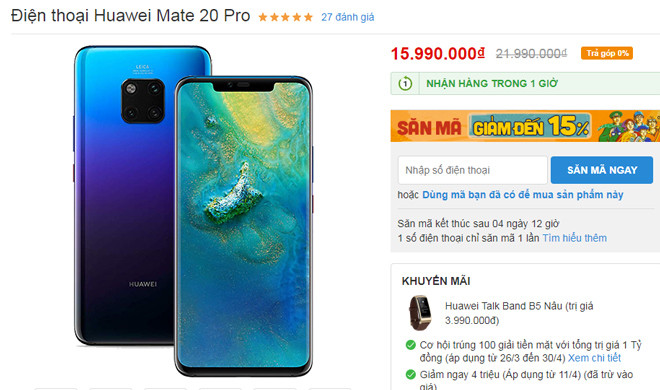 5. Huawei Mate 20 Pro giảm 06 triệu đồng Giá bán: 15,99 triệu đồng Cùng với Galaxy Note 9, Mate 20 Pro cũng đang rơi vào đợt giảm sâu sau khi Huawei P30 xuất hiện. Tuy nhiên, sức công phá mãnh liệt của hiệu suất bên trong máy là không thể phủ nhận: chip Kirin 980; RAM 6GB; bộ nhớ trong 128GB; pin 4200 mAh. Đặc biệt, máy còn có cụm 3 camera sau chất lượng 40MP + 20MP + 8MP. Cũng tại thị trường Việt Nam, “mgười anh em” của Mate 20 Pro là Mate 20 (128GB) cũng đang được giảm giá xuống còn 13,99 triệu đồng (giảm 02 triệu đồng).