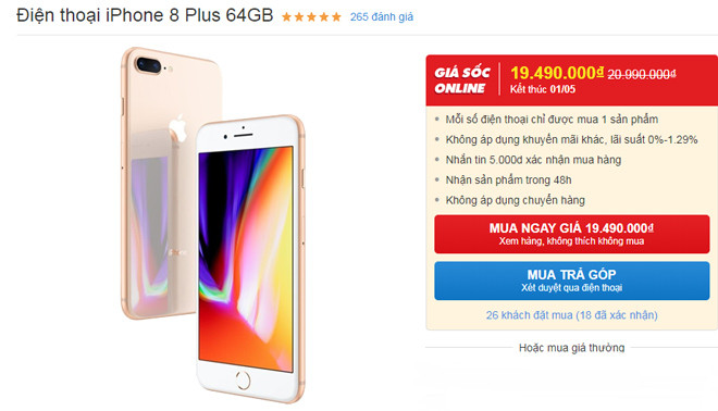 7. iPhone 8 Plus 64GB giảm 1,5 triệu đồng Giá bán: 19,49 triệu đồng Có thể nói, không dòng sản phẩm nào giữ được tôn nghiêm như iPhone của Apple. Không chỉ iPhone X, iPhone 8 Plus vẫn có giá bán khá cao bất chấp tuổi thọ đã gần 2 năm, thiết kế cũ và bộ nhớ hạn chế hơn nhiều so với các thiết bị có cùng tầm giá. Đây là lựa chọn lý tưởng cho những ai thích phong cách hoài cổ của “Nhà Táo” với viền màn hình dày và phím Home vật lý, chip A11, camera sau kép 12MP; RAM 3GB; bộ nhớ trong 64GB và pin 2691 mAh đủ dùng.