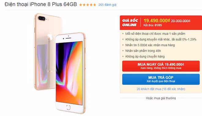 7. iPhone 8 Plus 64GB giảm 1,5 triệu đồng Giá bán: 19,49 triệu đồng Có thể nói, không dòng sản phẩm nào giữ được tôn nghiêm như iPhone của Apple. Không chỉ iPhone X, iPhone 8 Plus vẫn có giá bán khá cao bất chấp tuổi thọ đã gần 2 năm, thiết kế cũ và bộ nhớ hạn chế hơn nhiều so với các thiết bị có cùng tầm giá. Đây là lựa chọn lý tưởng cho những ai thích phong cách hoài cổ của “Nhà Táo” với viền màn hình dày và phím Home vật lý, chip A11, camera sau kép 12MP; RAM 3GB; bộ nhớ trong 64GB và pin 2691 mAh đủ dùng.