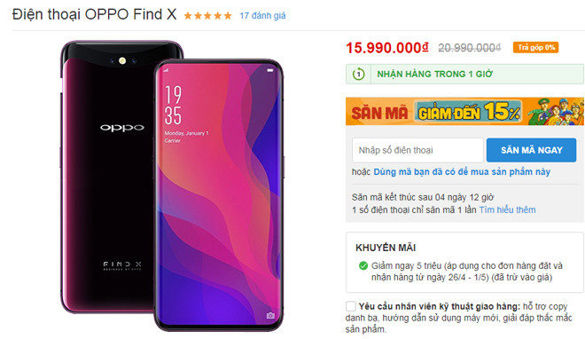 2. Oppo Find X giảm 05 triệu đồng Giá bán: 15,99 triệu đồng Sau khi Oppo Reno được giới thiệu, Find X ngay lập tức bị ra rìa dù có ngoại hình không kém phần bắt mắt. Điện thoại khác với nhiều “đối thủ” nhờ có camera đẩy trượt linh hoạt, giữ cho mặt trước phong cách thiết kế toàn màn hình. Thiết bị sở hữu những thông số kỹ thuật mạnh nhất của năm ngoái: chip xử lý Snapdragon 845; camera sau kép 16MP + 20MP; camera selfie 25MP; pin 3730 mAh. Ngoài ra, điện thoại cũng sở hữu bộ nhớ đáng nể với RAM 8GB, bộ nhớ trong lên tới 256GB.