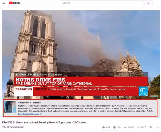 YouTube nham vu chay Nha tho Duc Ba o Paris la khung bo 11/9