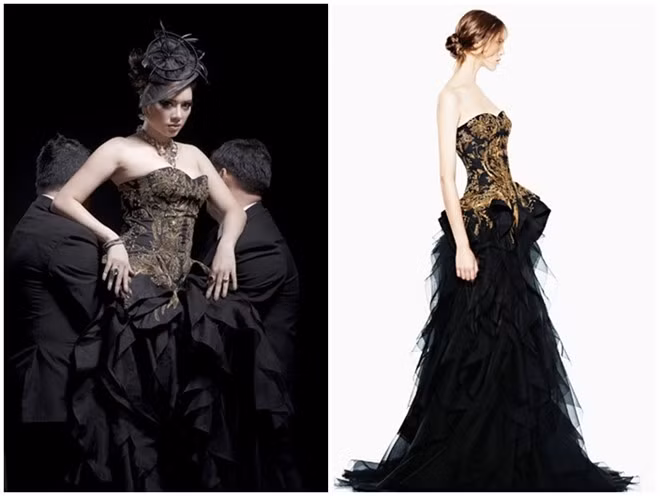 Bộ váy nhung đen Alexander Mc Queen, có giá 600 triệu đồng của cô.