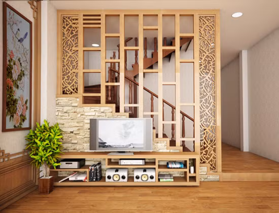 Ngoài ra ở những ngôi nhà mà phòng khách liền kề cầu thang thì một vách ngăn nhỏ sẽ giúp tạo sự riêng tư cần thiết.