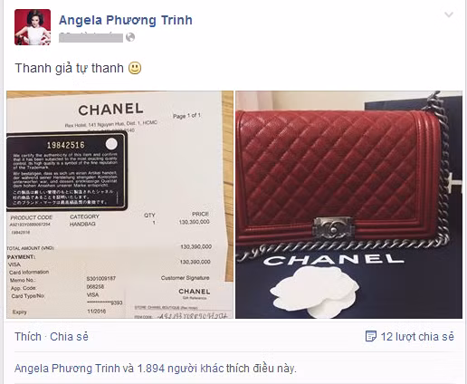 Không chỉ đơn thuần khoe các món đồ mới mua vì thích thú, Phương Trinh thường "xuất trình" hóa đơn mua hàng hiệu vì cô hay vướng tin đồn xài hàng giả. Túi Chanel giá hơn 130 triệu đồng.